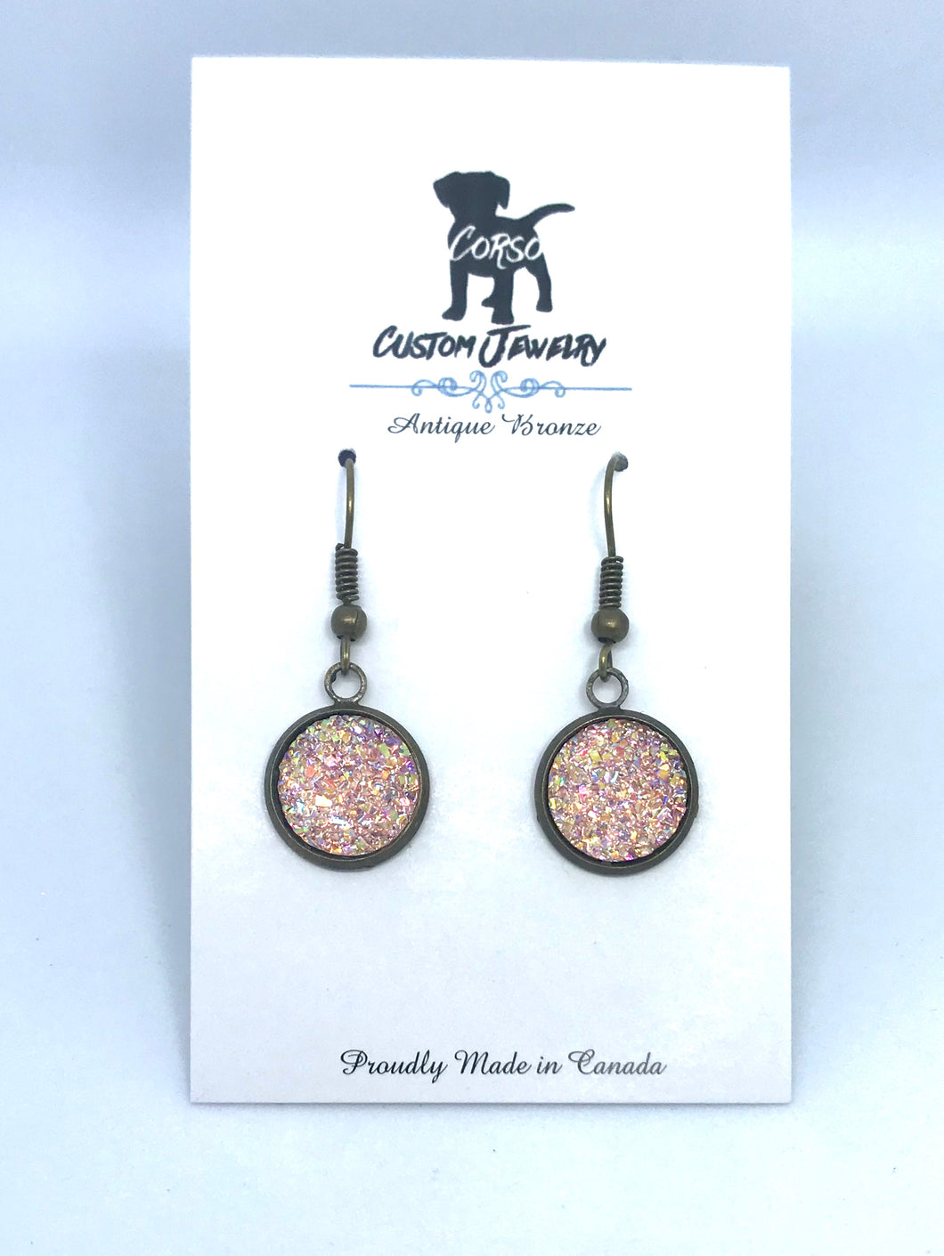 12mm Light Pink Druzy Drop Earrings (Antique Bronze)