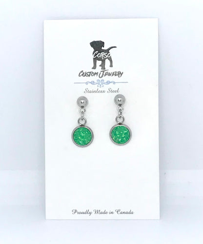 8mm Jade Green Druzy Drop Studs (Stainless Steel)
