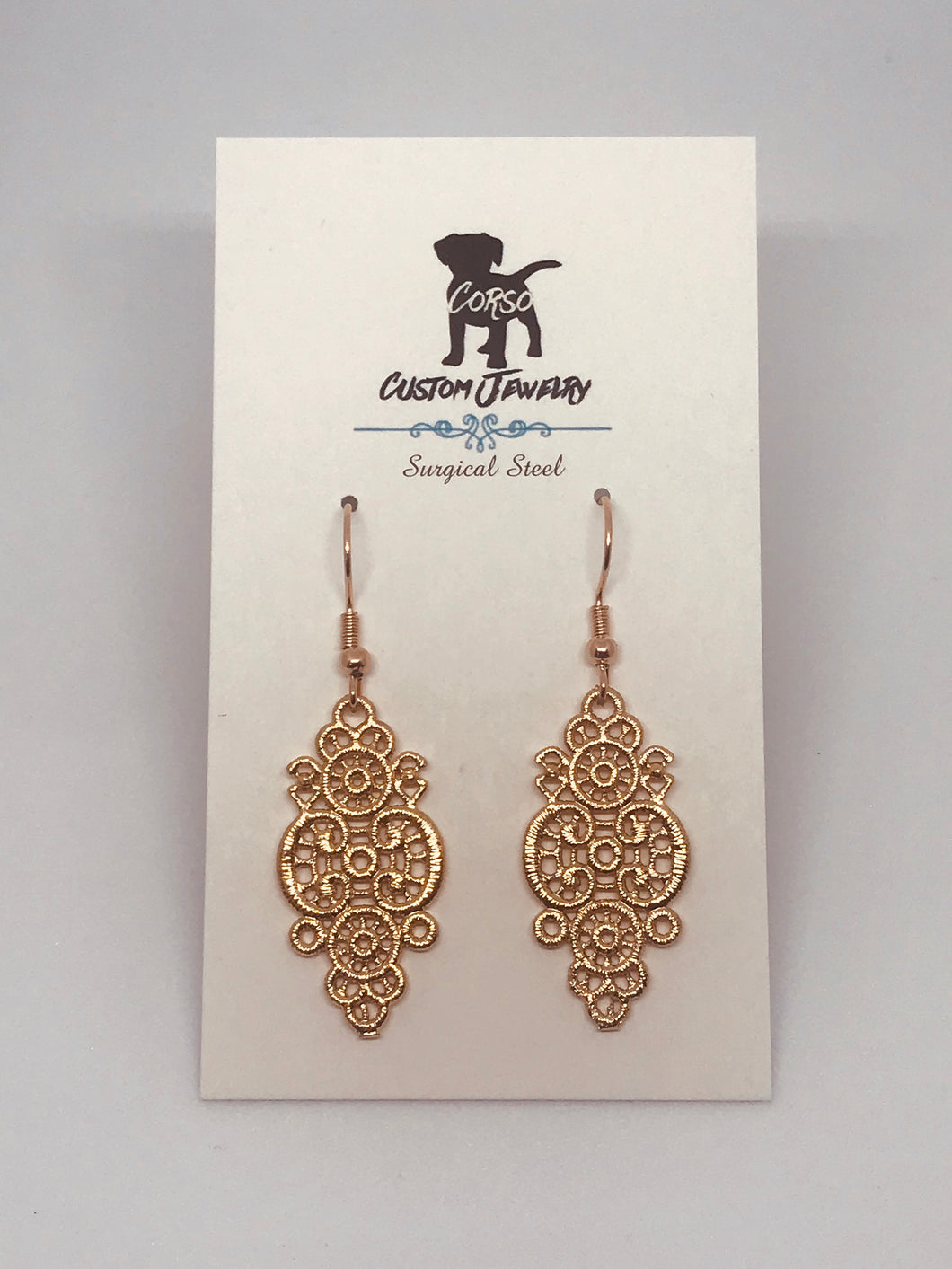 Lacy Rose Gold Drop Earrings (Surgical Steel)