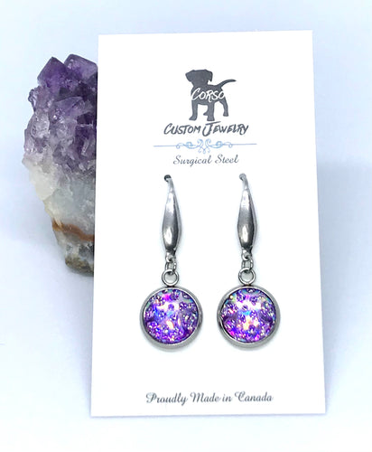 12mm Purple Whirlpool Druzy Drop Earrings (Surgical Steel)