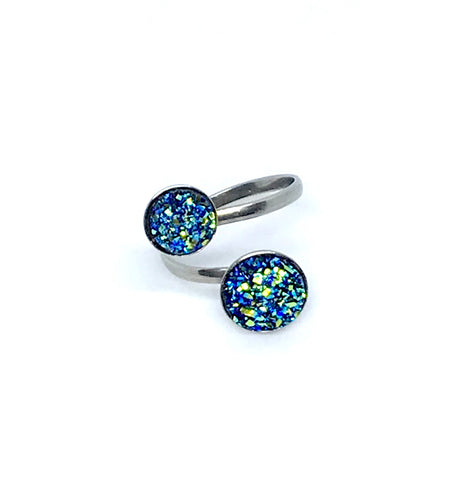 Adjustable Dual Druzy Ring in Galaxy Blue (Stainless Steel)