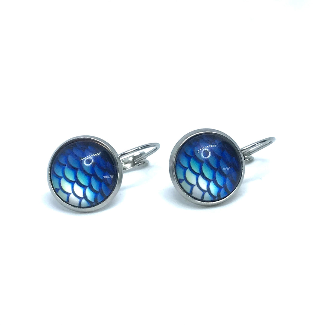12mm Blue Glass Mermaid Leverback Drop Earrings (Stainless Steel)
