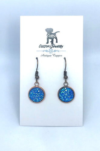 12mm Sky Blue Druzy Drop Earrings (Antique Copper)
