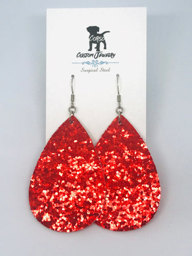 Red Shimmer Leather Drop Earrings