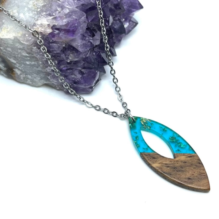 Teal Wooden Marquis Necklace