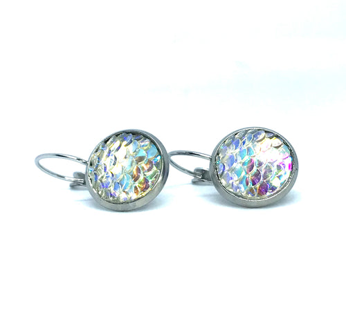 12mm White Mermaid Leverback Drop Earrings (Stainless Steel)