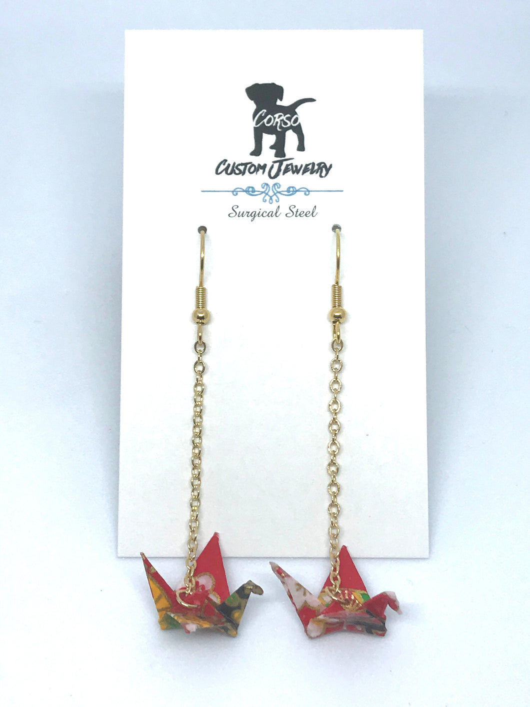 Origami Crane Drop Earrings in Red