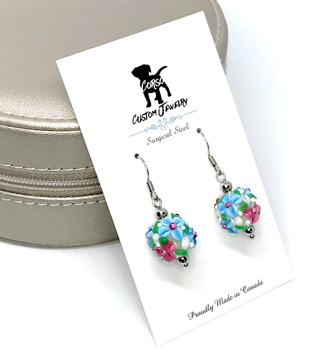 Spring Blossom Drop Earrings in Red and Blue