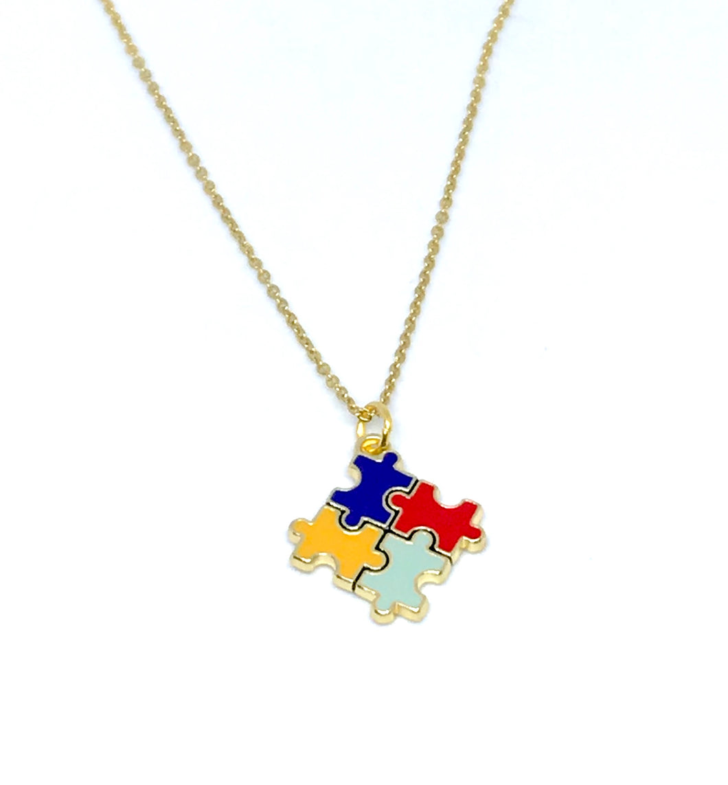 Autism Awareness Puzzle Piece Square Necklace (Stainless Steel)