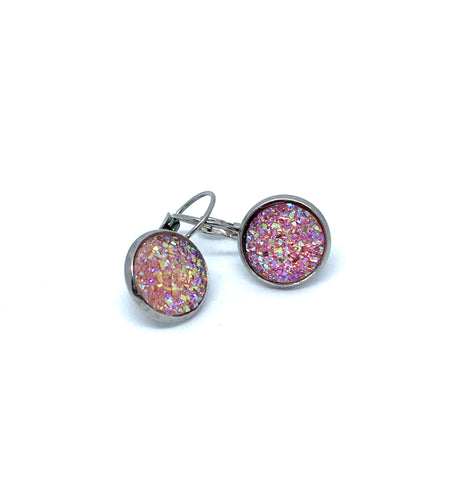 12mm Light Pink Druzy Leverback Drop Earrings (Stainless Steel)