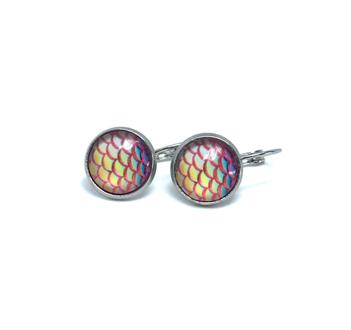 12mm Pink Glass Mermaid Leverback Drop Earrings (Stainless Steel)
