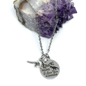 "RAWR! Means I love you in Dinosaur” 3-in-1 Charm Necklace (Stainless Steel)