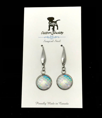 12mm Rainbow Glass Mermaid Drop Earrings (Surgical Steel)