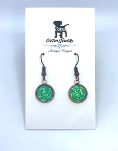 12mm Green Druzy Drop Earrings (Antique Copper)
