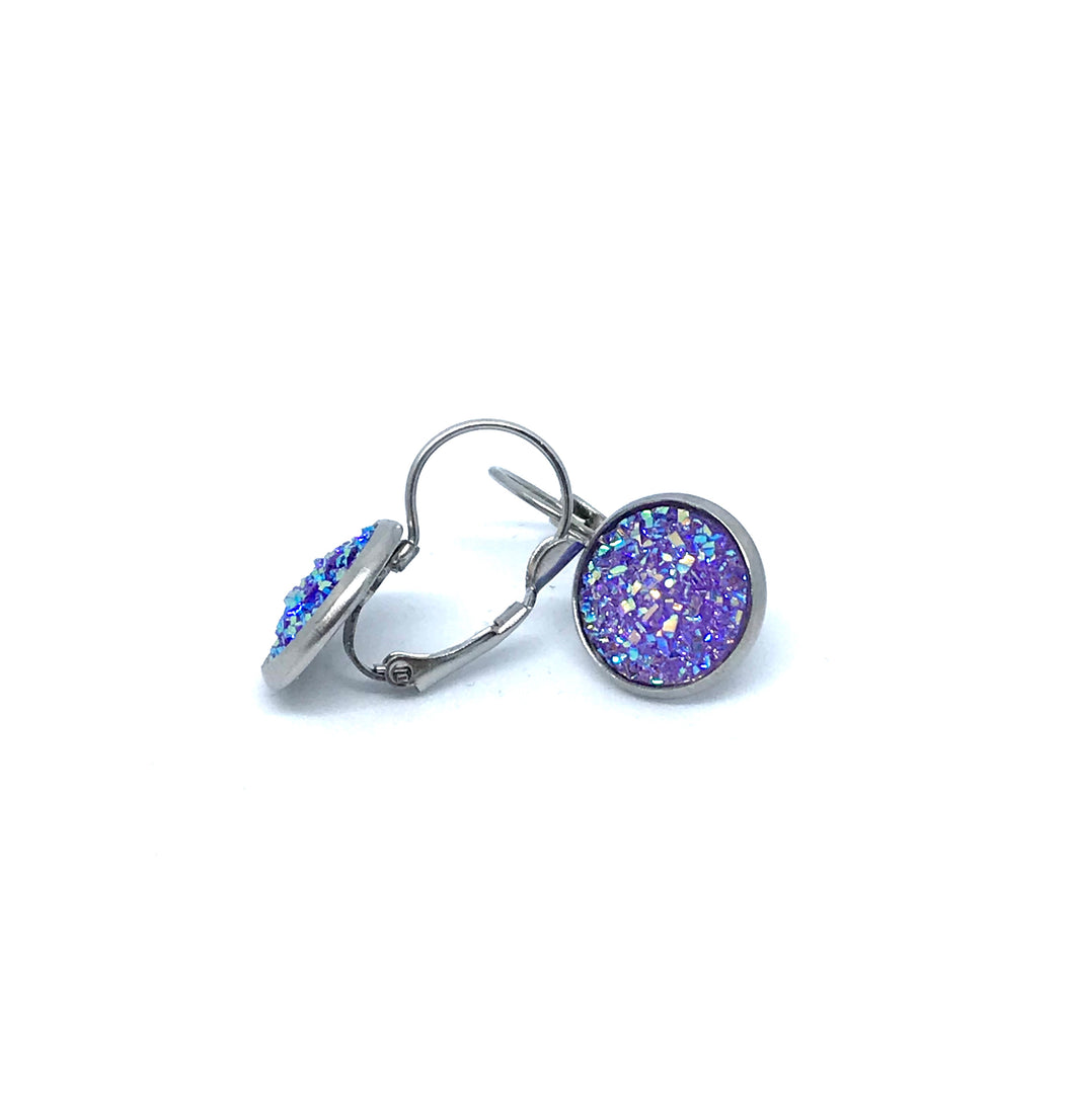 12mm Purple Druzy Leverback Drop Earrings (Stainless Steel)