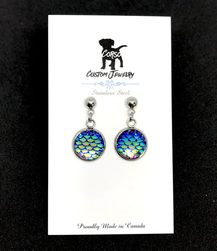 12mm Dark Blue Mermaid Drop Studs (Stainless Steel)