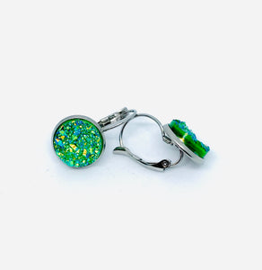 12mm Tropical Green Druzy Leverback Drop Earrings (Stainless Steel)