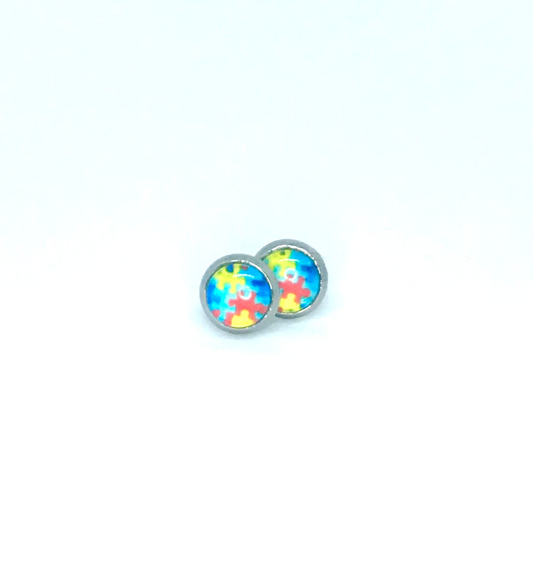 8mm Autism Awareness Puzzle Piece Studs (Stainless Steel)