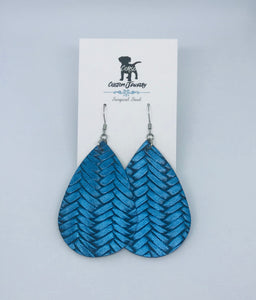 Braided Metallic Blue Leather Drop Earrings