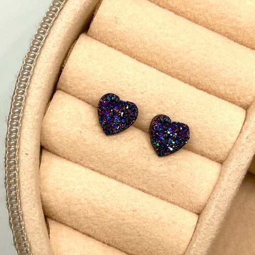 8mm Blue Fantasy Druzy Heart Studs