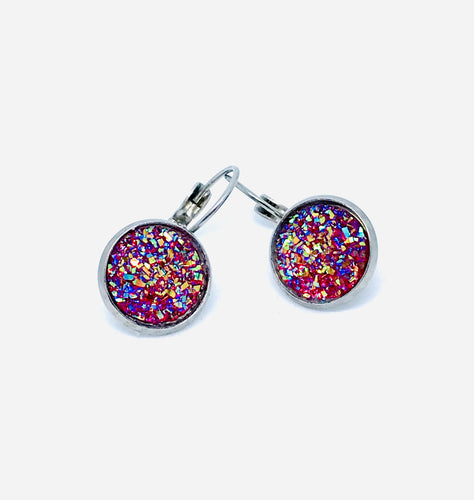 12mm Dark Pink Druzy Leverback Drop Earrings (Stainless Steel)