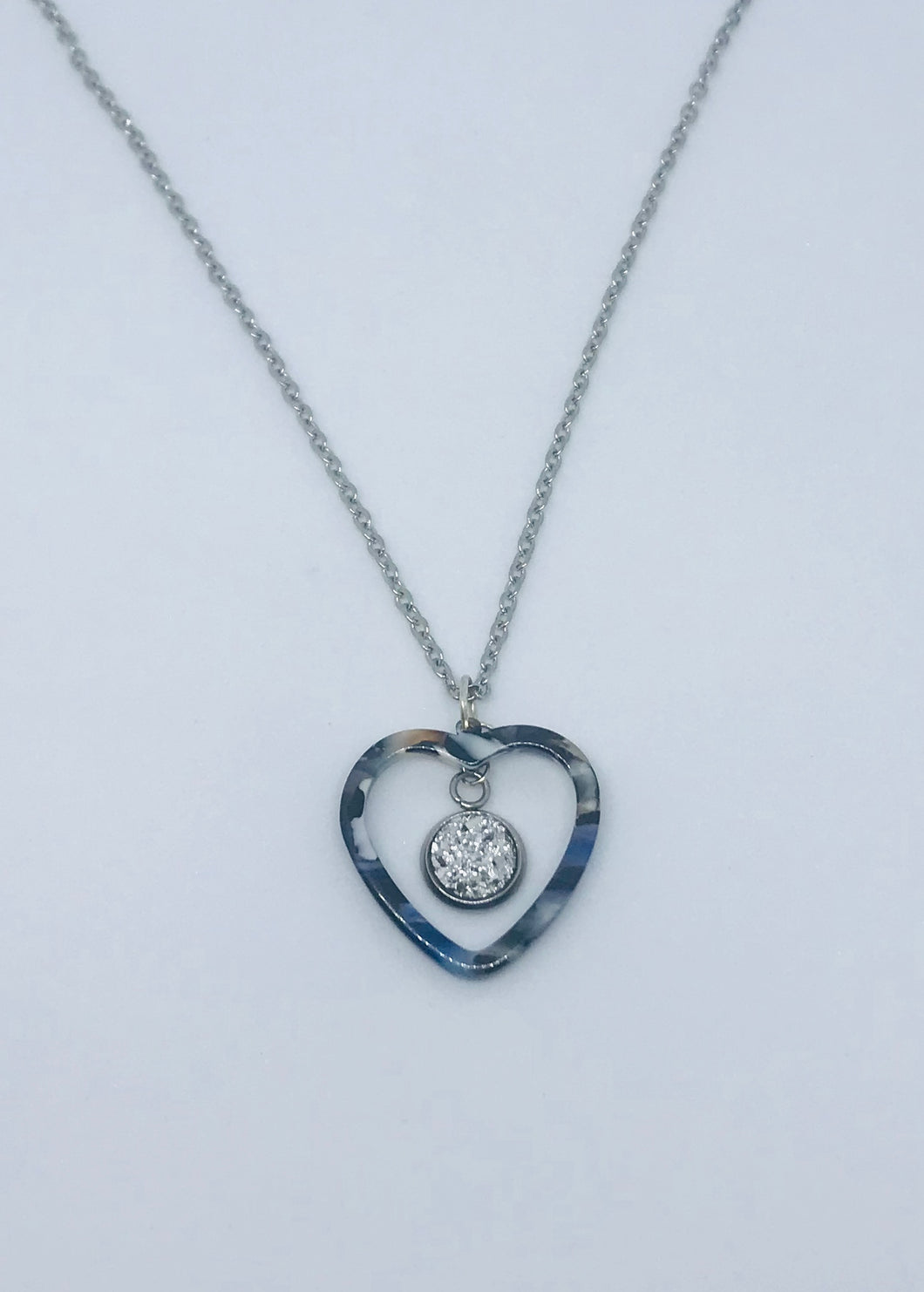 Silver Druzy Heart Necklace (Stainless Steel)