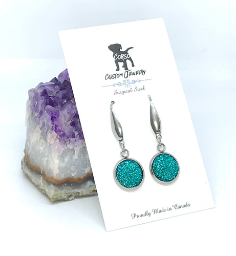 12mm Aqua Shimmer Druzy Drop Earrings (Surgical Steel)