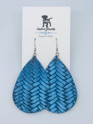 Braided Metallic Blue Leather Drop Earrings