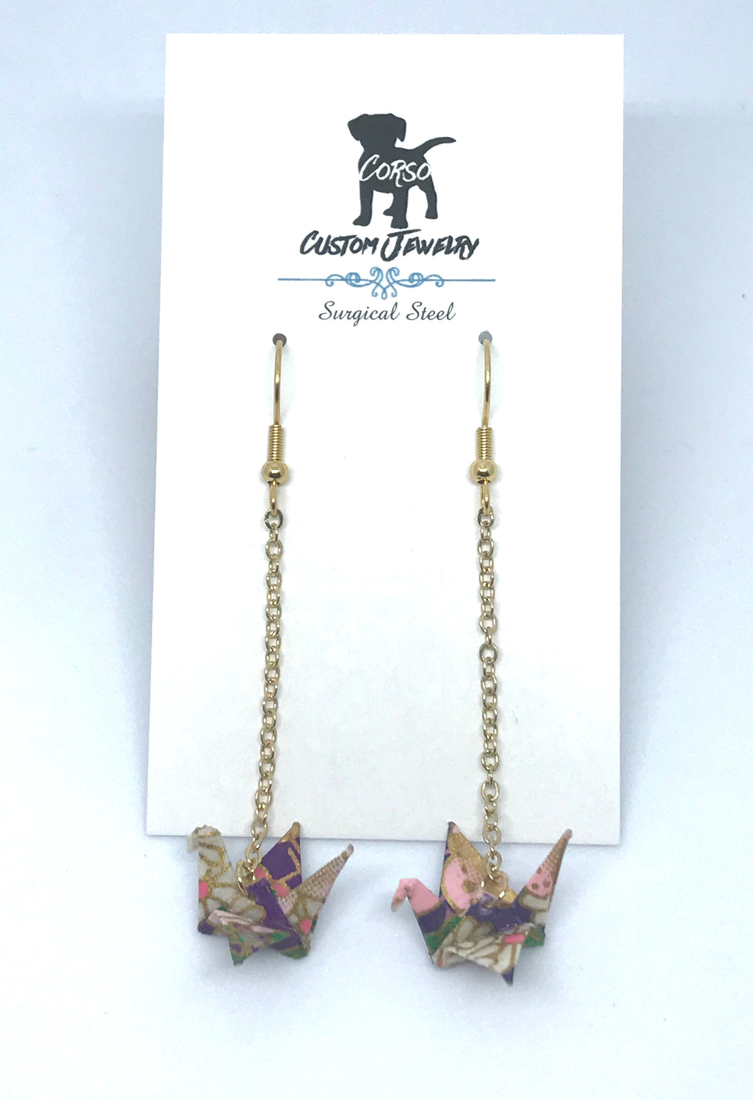 Origami Crane Drop Earrings in Purple