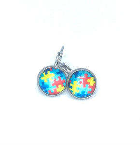 12mm Autism Awareness Puzzle Piece Leverback Drop Earrings (Stainless Steel)