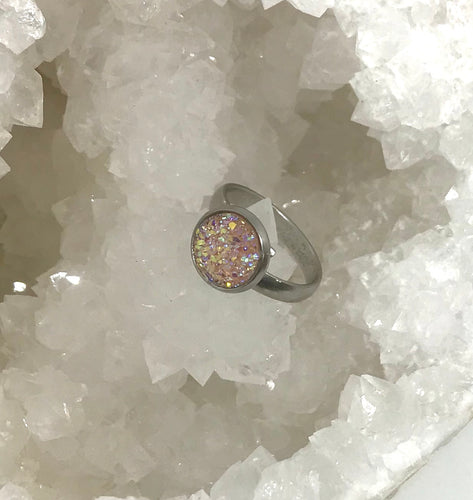 10mm Light Pink Druzy Ring (Stainless Steel) - Size 7 Only
