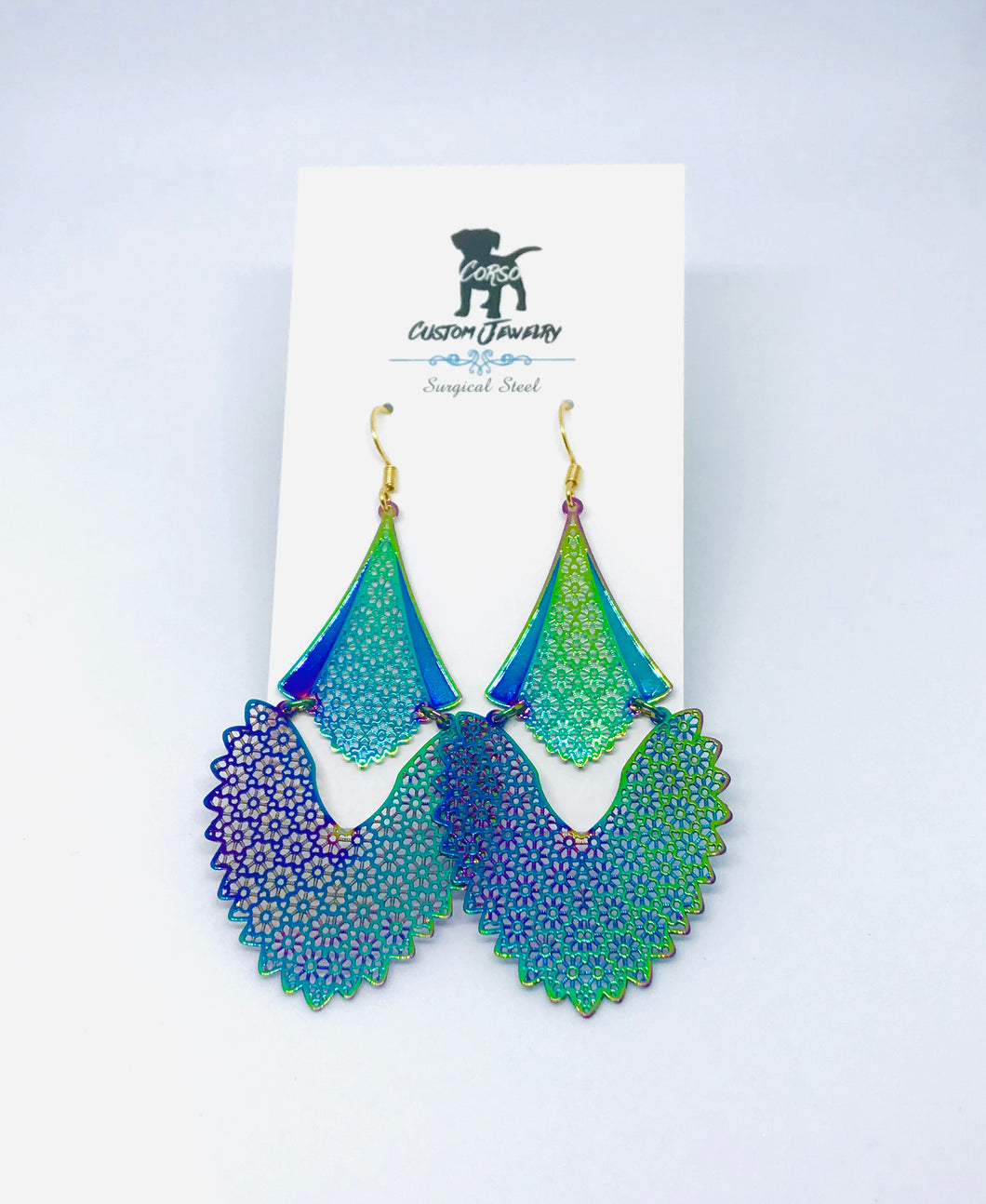 Rainbow Floral Feather Drop Earrings (Surgical Steel)