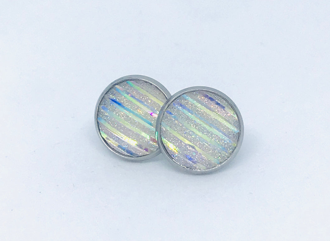 12mm Striped White Druzy Studs (Stainless Steel)