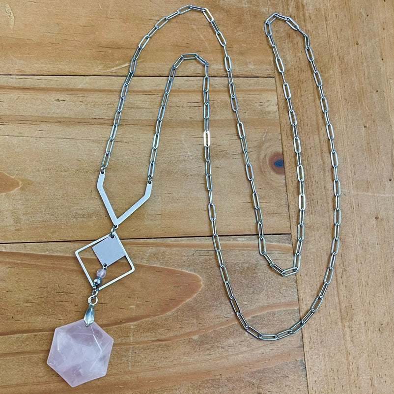 Modern Rose Quartz Necklace (Stainless Steel)
