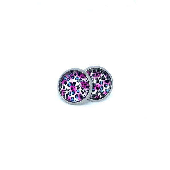 10mm Pink & Blue Leopard Print Studs (Stainless Steel)