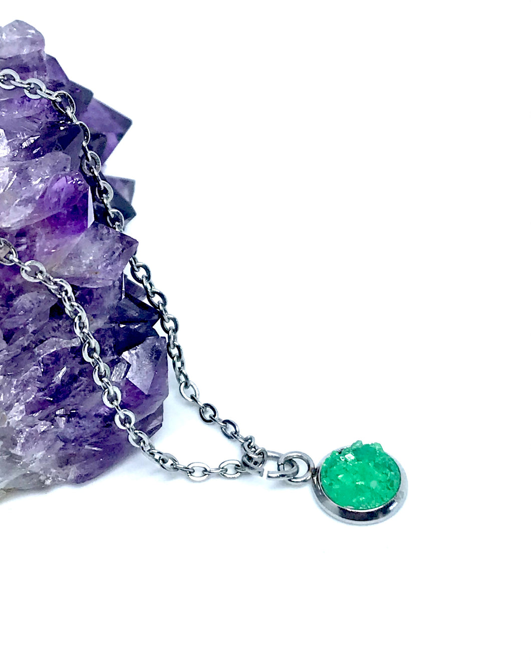 8mm Jade Green Druzy Necklace (Stainless Steel)