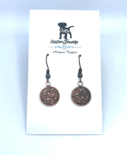 12mm Chocolate Druzy Drop Earrings (Antique Copper)