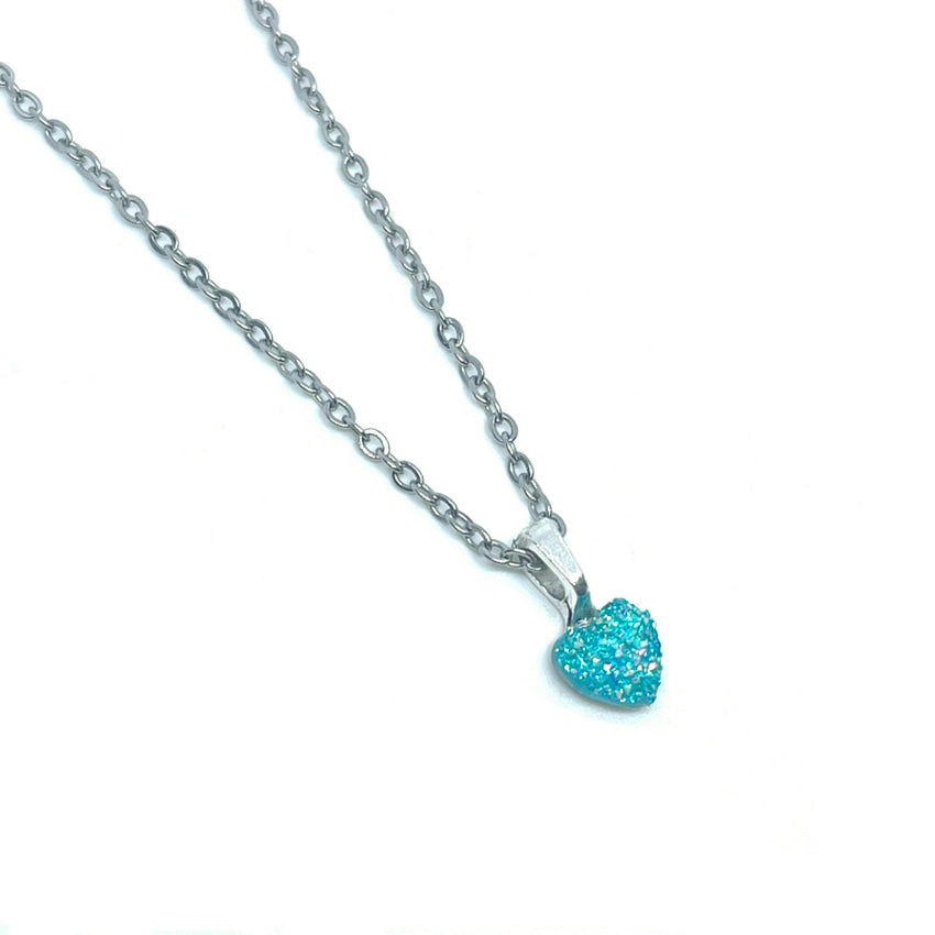 8mm Lake Blue Druzy Heart Necklace