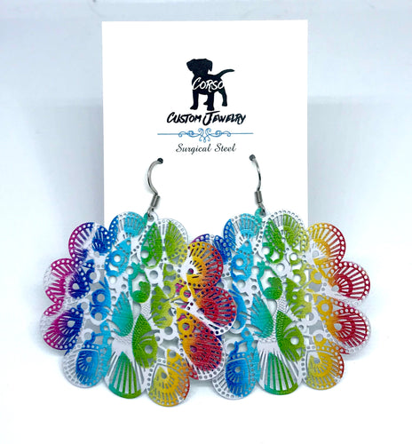 Rainbow Peacock Drop Earrings (Surgical Steel)