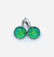 Load image into Gallery viewer, 12mm Green Druzy Leverback Drop Earrings (Stainless Steel)