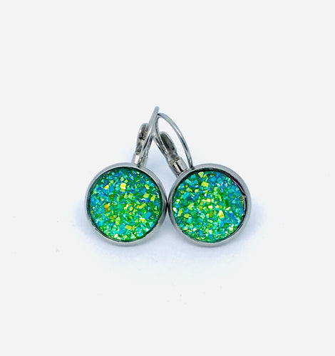 12mm Green Druzy Leverback Drop Earrings (Stainless Steel)