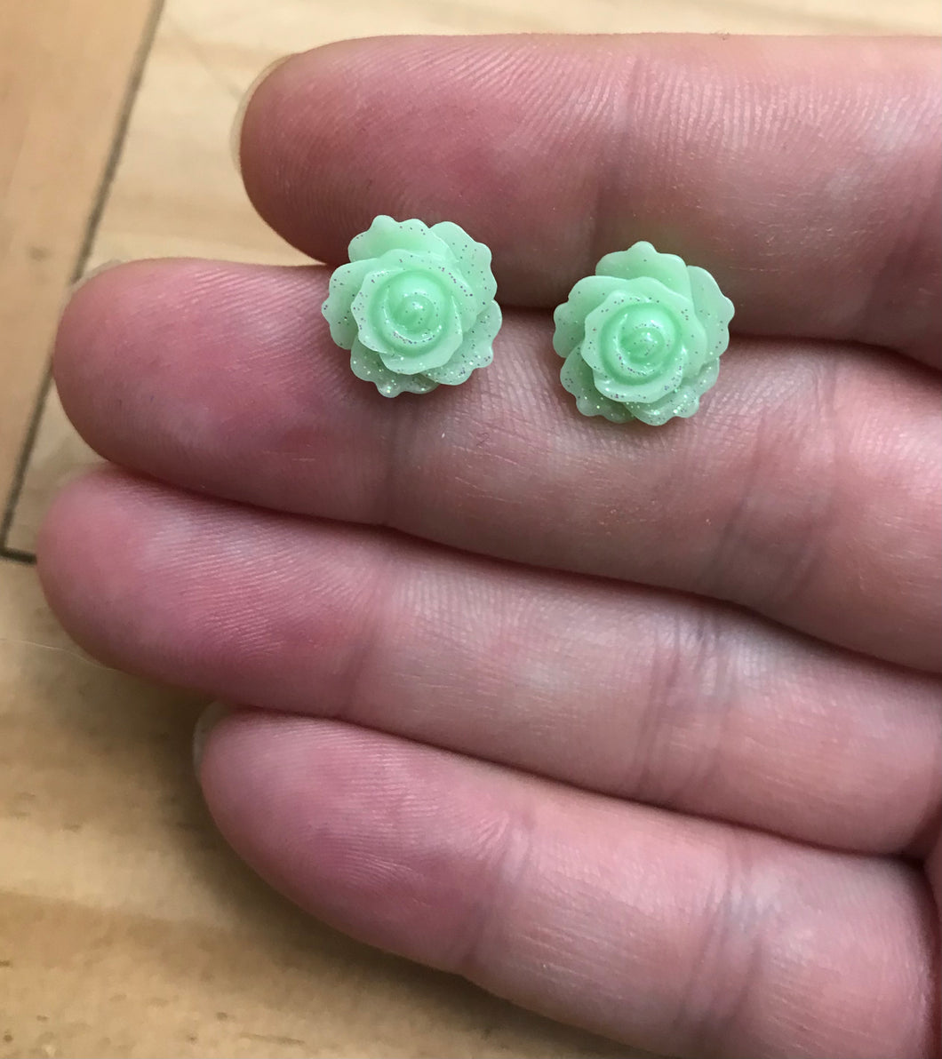 Shimmering Rose Studs in Mint Green (No Metal)