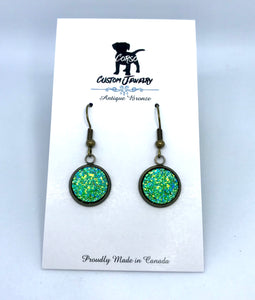 12mm Green Druzy Drop Earrings (Antique Bronze)