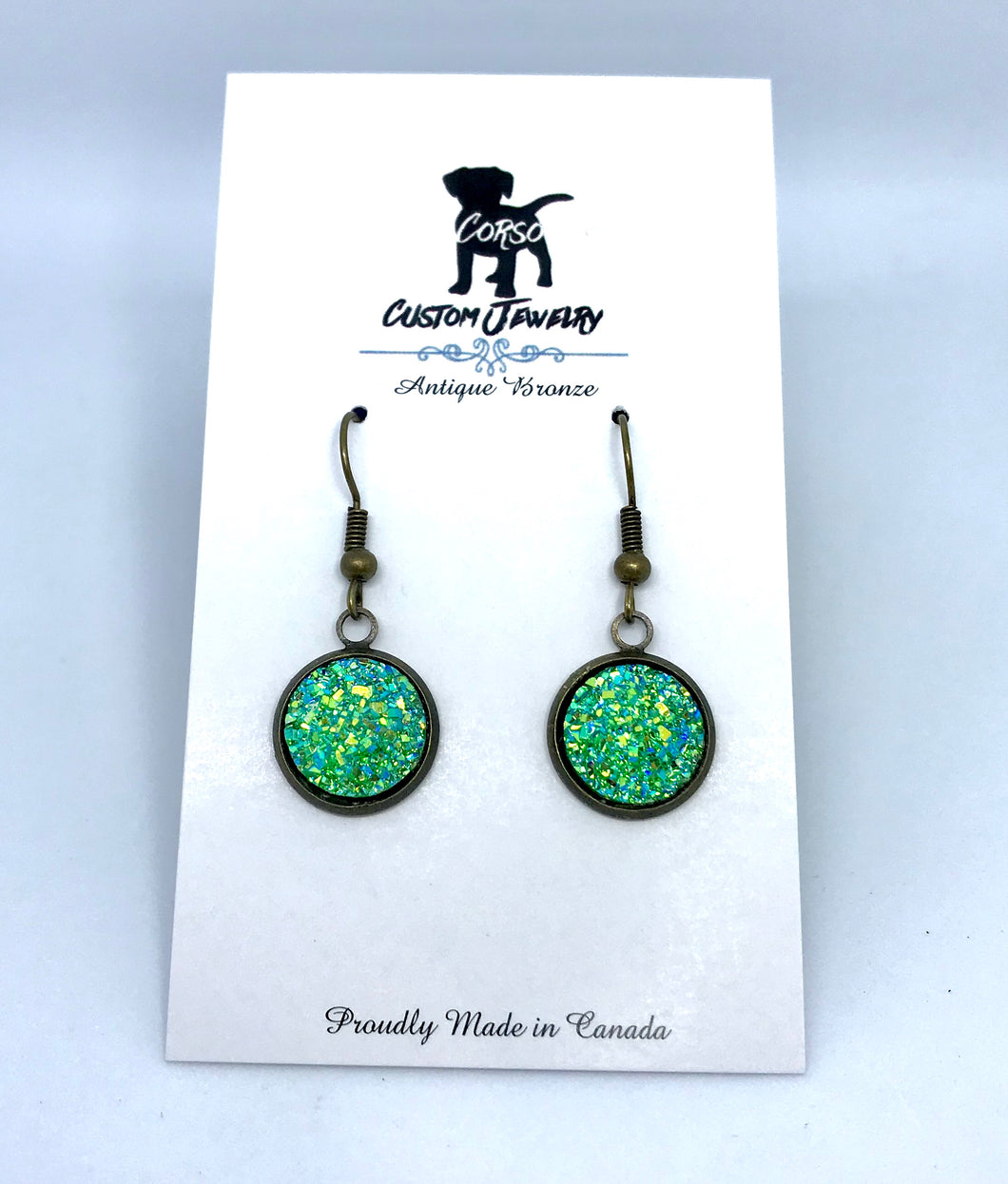 12mm Green Druzy Drop Earrings (Antique Bronze)