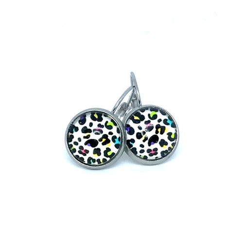 12mm Harlequin Leopard Print Leverback Drop Earrings (Stainless Steel)