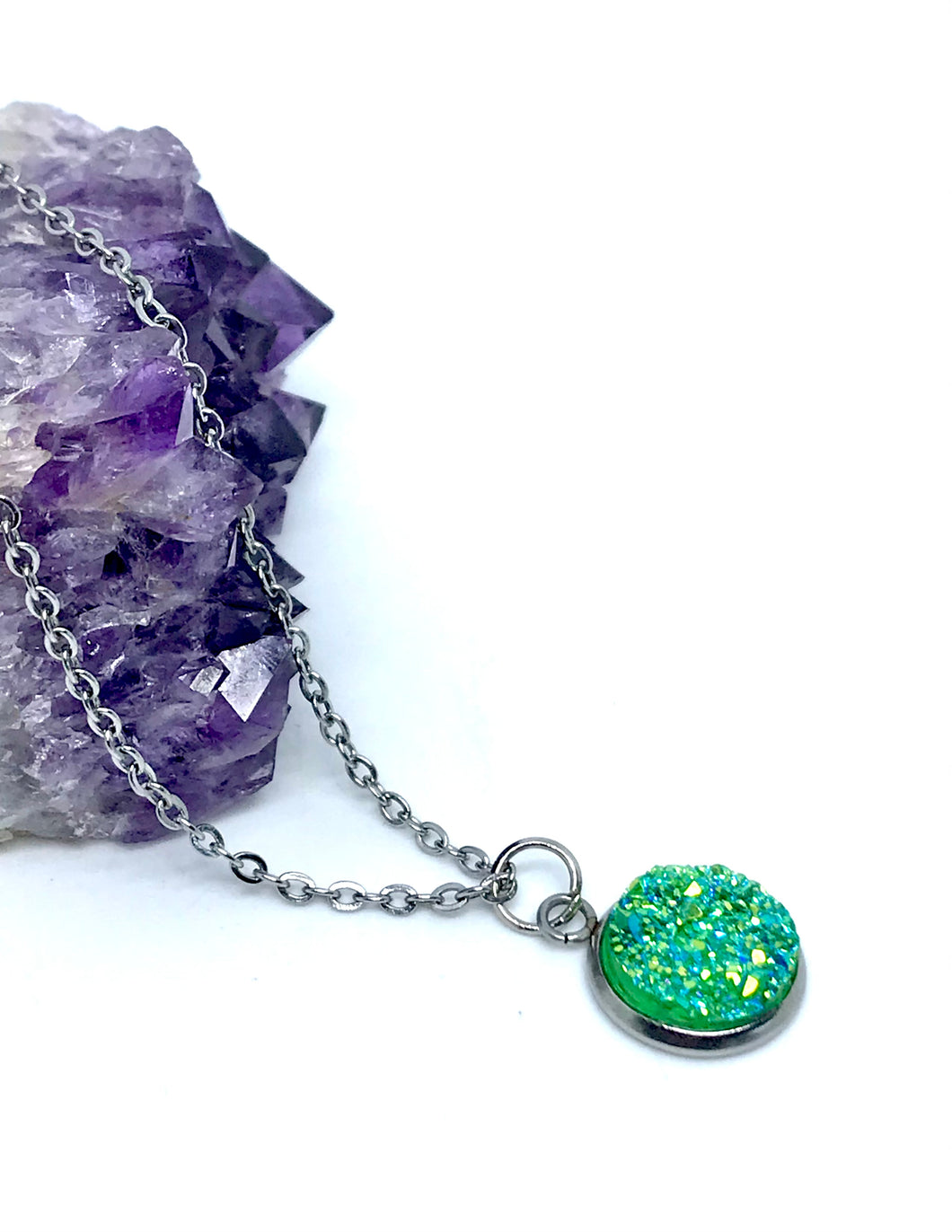 12mm Tropical Green Druzy Necklace (Stainless Steel)