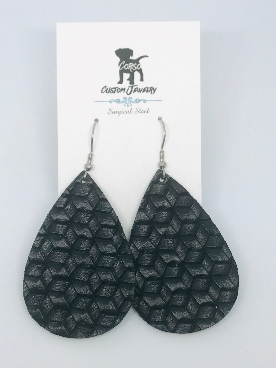 Black Braided Leather Drop Earrings (Surgical Steel)