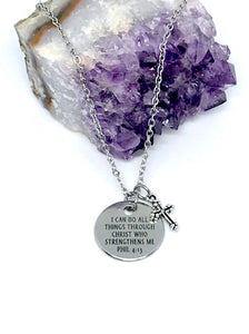 “I Can Do All Things Through Christ Who Strengthens Me” 3-in-1 Charm Necklace (Stainless Steel)