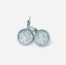 Load image into Gallery viewer, 12mm White Druzy Leverback Drop Earrings (Stainless Steel)