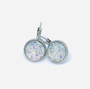 12mm White Druzy Leverback Drop Earrings (Stainless Steel)